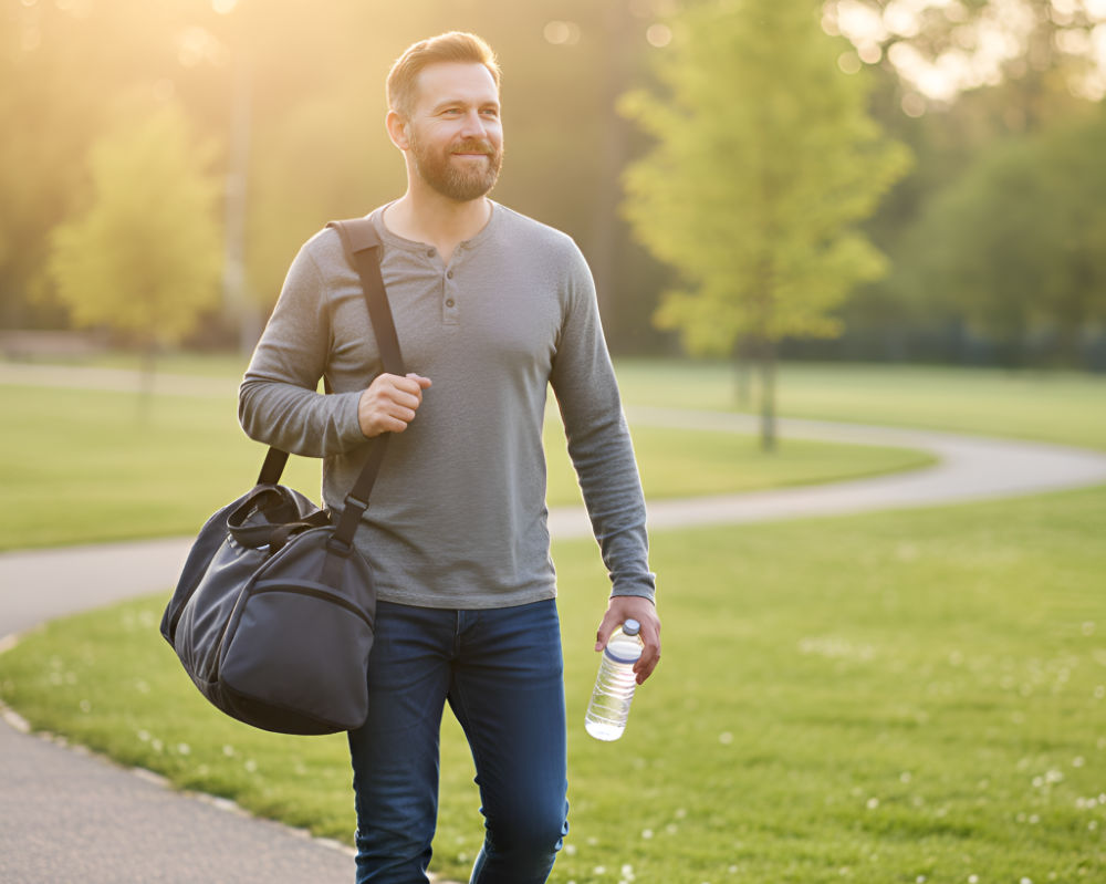 Man with a gym bag walking on a path holding a water bottle