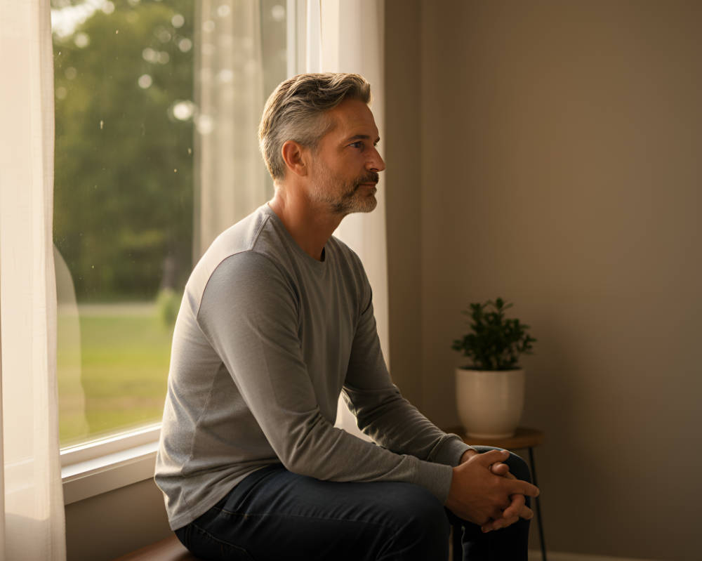 Man sitting in a room with his back to a window