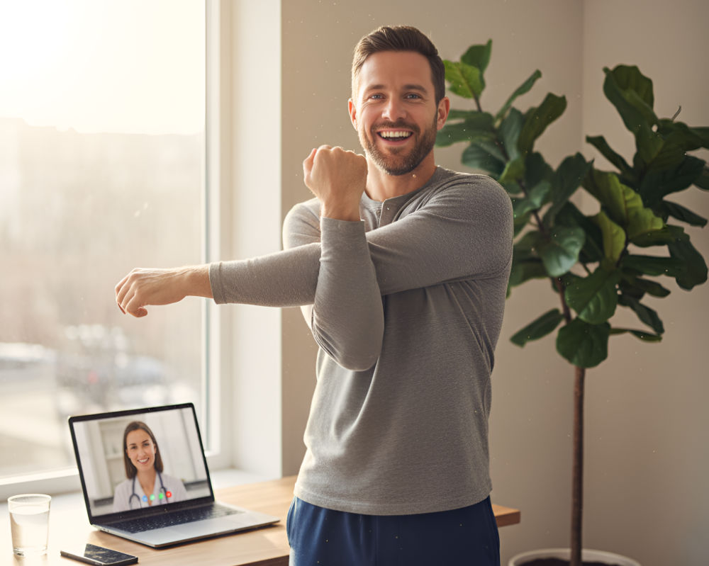Man stretching while telemedicine appointment showing on his laptop