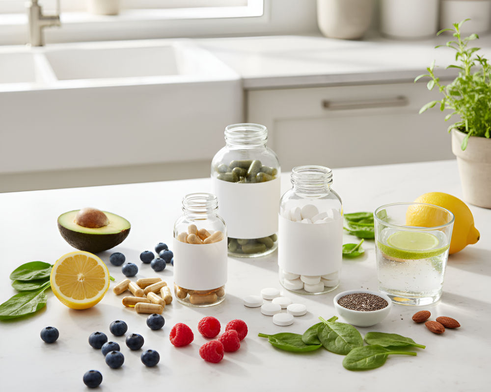 Supplements, fruits and vegetables on a table