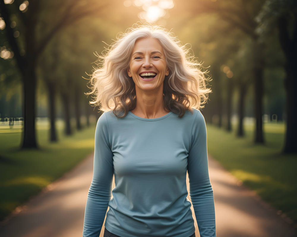 Happy woman walking down path outdoors